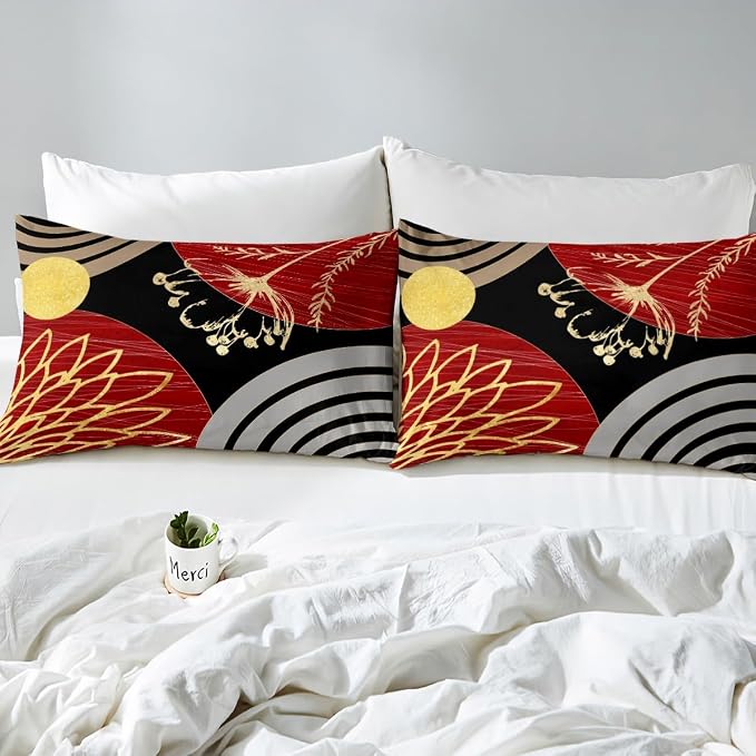 Erosebridal Red and Black Modern Duvet Cover King Size for Minimalist | Abstract Mid Century Comforter Cover Bohemian Leaf Floral Botanical Bedding Set Aesthetic Modern Geometric Bed Set