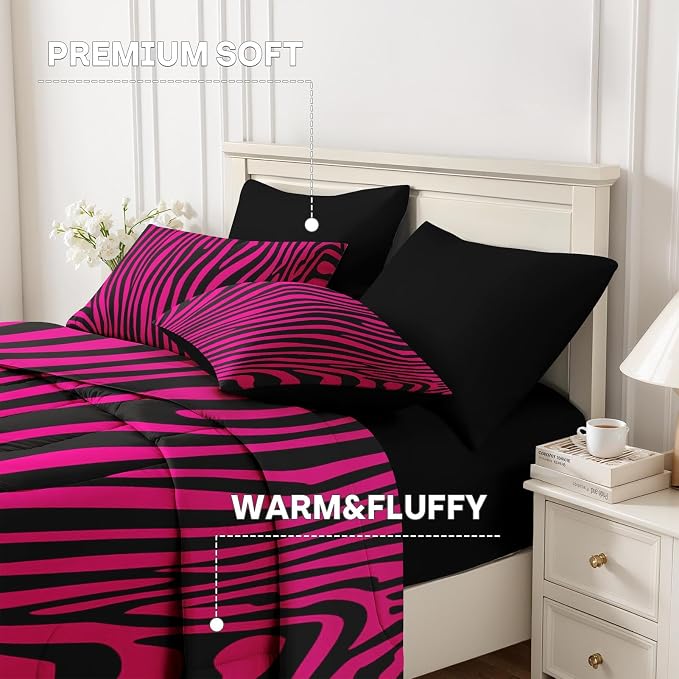 7Pcs Comforter Set King Size, Hot Pink Zebra Print Line Abstract, Bedding Decor Wildlife Black Striped Animal Jungle Bedroom Bed Set Flat Sheet Fitted Sheet Pillowcases Shams for Kids Adults