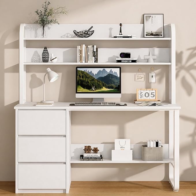 MaverickFurni White Desk with Hutch, 55 Inch Computer Desk with 3 Drawers for Bedroom, Study Writing Desk with Shelves for Small Spaces, Adjustable Feet