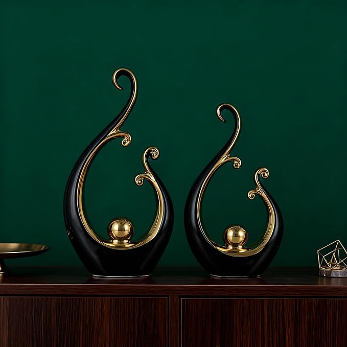 DOVDOV Black and Gold Home Decor, Abstract Ceramic 2-Piece Sculpture Set, Modern mid-Century Art Statues, Perfect for Accent Tables, countertops, Coffee Tables, and entryway Decor.
