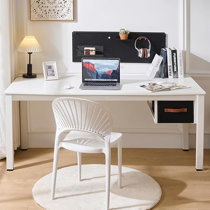 White Computer Desk with Drawer, 63 Inch Large Home Office Work Desks, Modern Writing Study PC Desk Gaming Table for Bedroom Home, Stable Thick Metal Legs Frame Support
