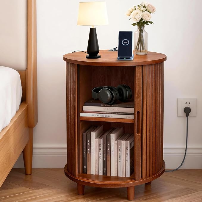DHH End Table Set of 2 with Storage & Charging Station, Fluted Accent Side Table with Sliding Door & Adjustable Shelf, Mid-Century Nightstand for Small Spaces, Living Room, Bedroom(2, Walnut)