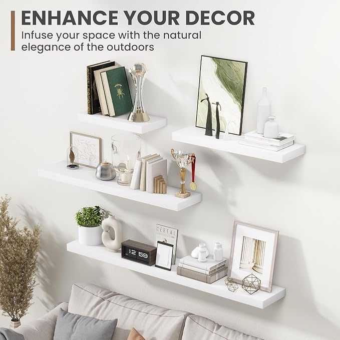 55 Inch Floating Shelves, 8 Inch Deep Floating Shelves for Wall, Hanging Shelf with Invisible Brackets, Deep Shelves for Bathroom, Bedroom, Living Room, White, Set of 2