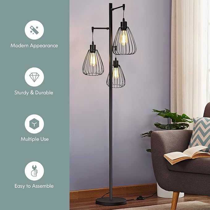 Tangkula Industrial Floor Lamp, 3-Light Tall Tree Lamp with 3 Hanging Lampshades, Freestanding Teardrop Cage Floor Light with Lamp Holder, Bulb, Foot Switch for Hallway, Living Room, Bedroom