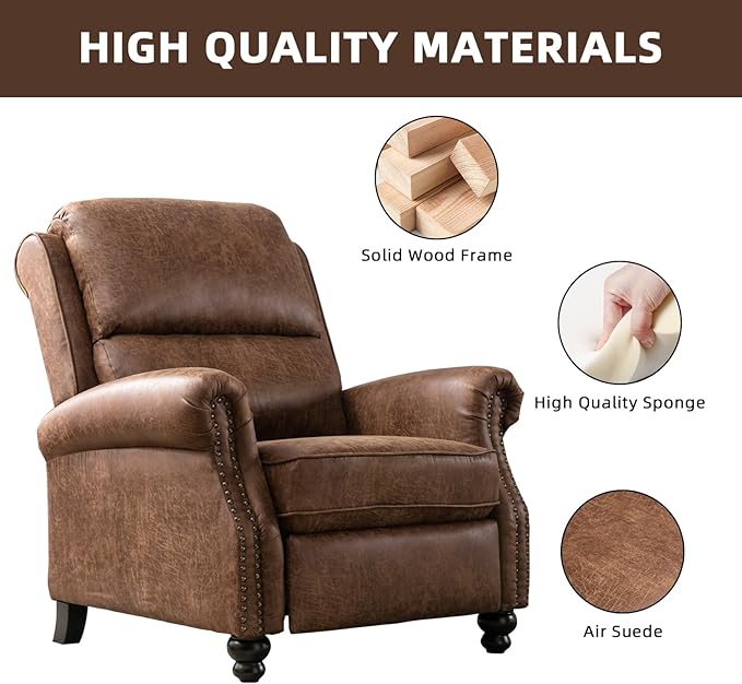 Push Back Recliner Chair Faux Leather Lounge Armchair with Rivet Decoration Wingback Single Sofa Chair with Padded Seat Solid Wood Legs for Living Room, Chocolate