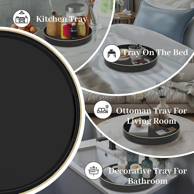 MAONAME Black Decorative Tray for Coffee Table, Modern Round Serving Tray with Handles, 13" Plastic Tea Trays for Ottoman, Bathroom Decor