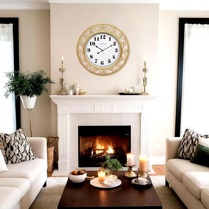SwallowLiving 24 Inch Vintage Iron Large Metal Frame Gold Wall Clock Silent, Battery Operated, Elegant Retro Decor for Living Room, Kitchen, Office, Dining Room, and Bedroom