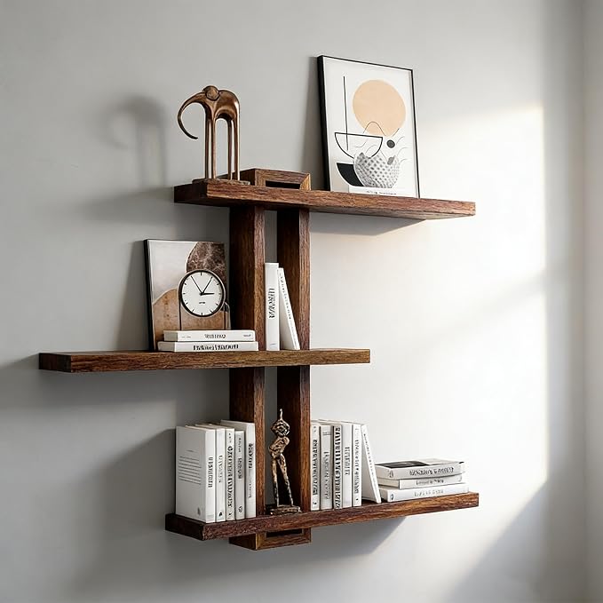 3 Tier Floating Shelf, Wall-Mounted Storage Rack, Mid Century Modern Wood Display Shelves for Plant Photo, Farmhouse Decor for Living Room Bathroom