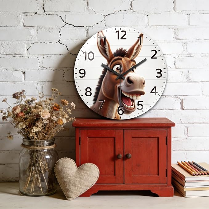 peacoblue Wall Clocks Battery Operated 12 Inch Funny Donkey Glass Round Wall Clock Non Ticking for Kitchen Living Room Dining Room Bedroom and Bathroom Decor Accessories (Battery not Included)