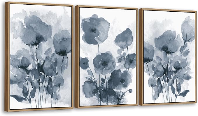 arteWOODS Botanical Framed Wall Art - Abstract Watercolor Style Pictures Grey Blue Floral Wall Decor Minimalist Prints Aesthetic Flowers Painting Artwork 24" x 36" Set of 3 Natural Framed