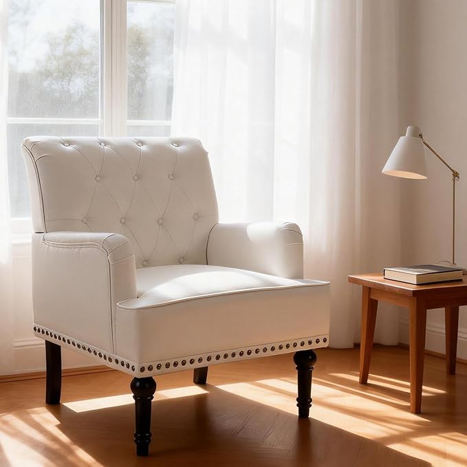 MOJAY PU Leather Accent Chair, Mid-Century Armchair Living Room Sofa Chair with Rubber Wood Leg, Club Chair with Rivet Trim for Bedroom Reading Room Reception (White)