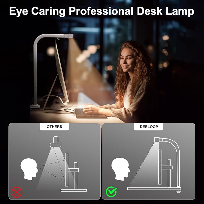 deeloop 48cm LED Desk Light,CRI 95+ Bright Desk Lamp for Home Office, 4 Colors & Infinite Dimming Reading Lamps with Timer & Memory Function, Standing Lamp with Clamp for Table Working Monitor