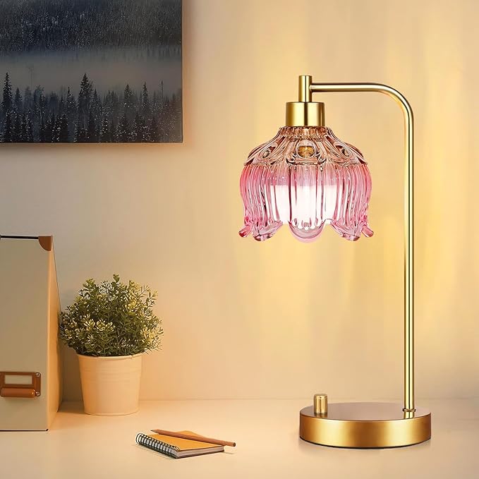 Pink Table Lamp Set of 2,Small Gold Bedside Lamps Dimmable Boho Bedroom Lamp with Tulip Flower Glass Lamp Shade,Vintage Mid Century Modern Mini Nightstand Lamp for Bedroom Living Room