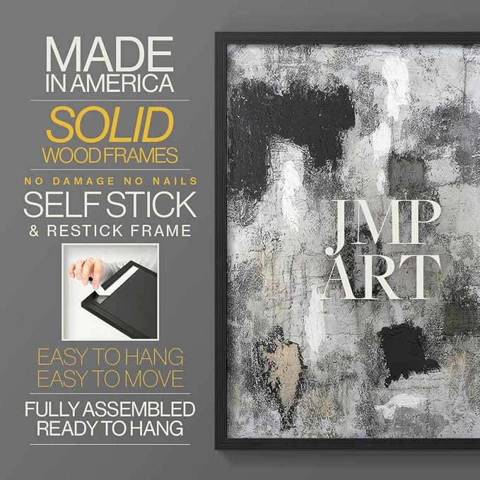 Renditions Gallery Set of 2 Peel & Stick Framed Prints, Abstract Wall Art, Hand Painted Black and White Pattern Wall Decor, Re-Stickable - Ready to Hang - 8"x10" - Black Frame LT588