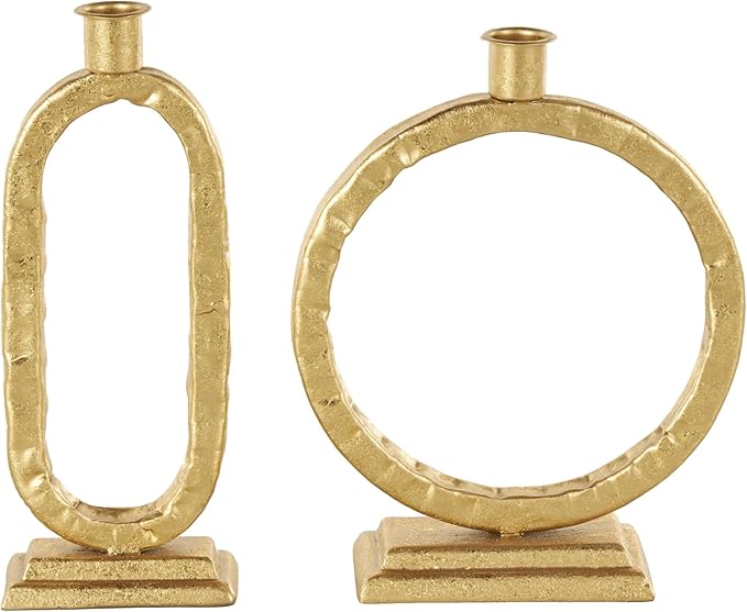 Deco 79 Metal Decorative Candle Holder Tapered Candle Stand with Rectangle Base, Set of 2 Candlestick Holder 10",9" H, Gold