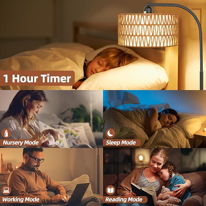 Rattan Floor Lamps for Living Room, Boho Standing Lamps with Rattan& Linen Double Shades, Arc Lamps Floor Standing with 9W Bulb, Foot Switch, Bohemian Floor Lamps for Bedroom, Office