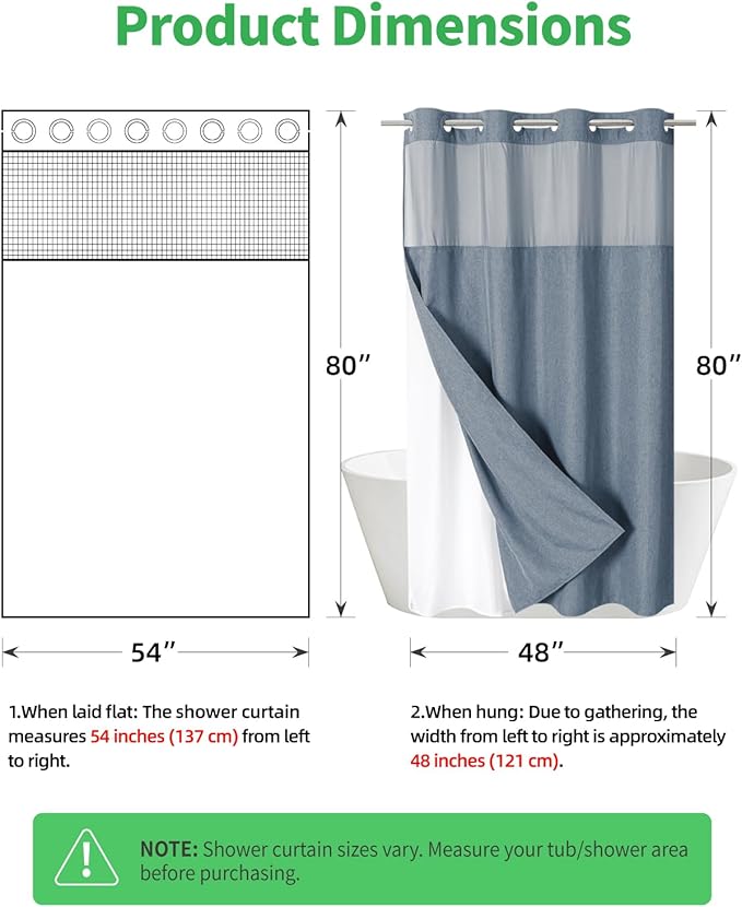 Stall No Hooks Needed Linen Textured Shower Curtain with Snap-in Fabric Liner Set,Hotel Luxury Decor Farmhouse Shower Curtains for Bathroom,Waterproof & Washable,54Wx80H,Blue Grey
