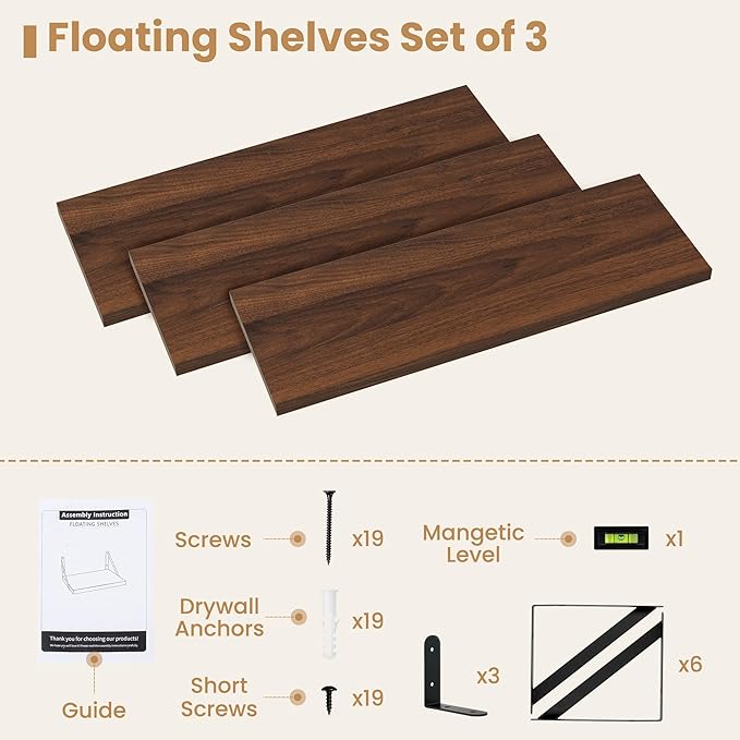 Heimlove Floating Book Shelves for Wall,23.6 Inches Wall Bookshelf Mounted Display&Storage Wood Shelves for Kitchen Bathroom Laundry Living Room,Set of 3,Walnut Color