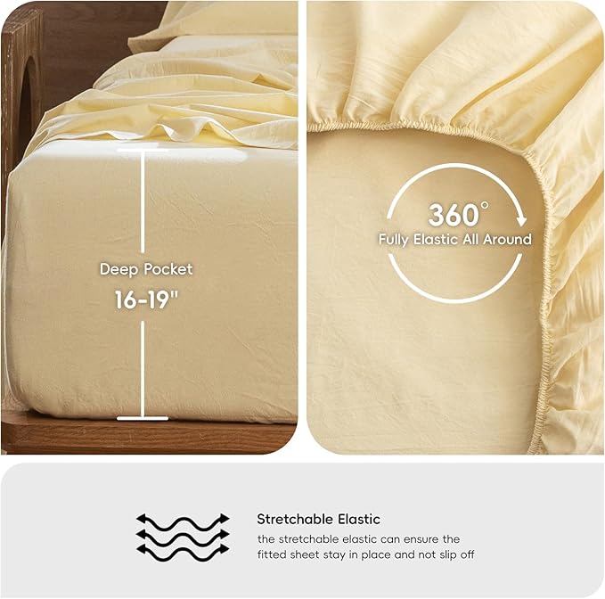 MooMee Bedding Sheet Set 100% Washed Cotton Linen Like Textured Breathable Durable Soft Comfy (Heathered Butter Yellow, California King)