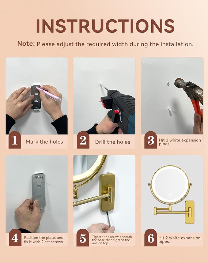 GURUN 8" Rechargeable Wall Mounted Makeup Mirror- 10X Magnifying Mirror with Light | 3 Color LED Lighting & Touch Control | 360° Rotation & Extended Arm | Dual-Sided Bathroom Mirror M1406DGJ(8",10X)