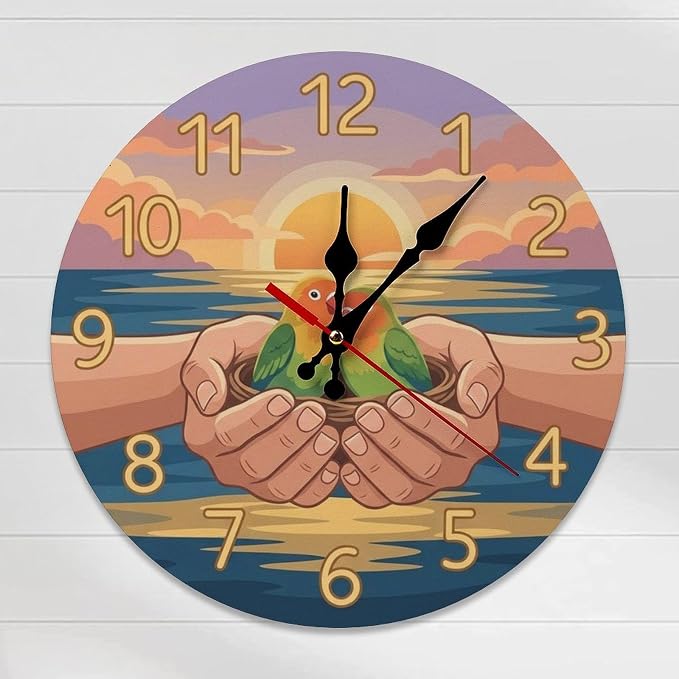 Lovebirds Sunset Ocean Wooden Wall Clock Silent Non Ticking Frameless Battery Operated Home Decor for Living Room, Kitchen, Bedroom, Office & Gift Idea 10/12 inch