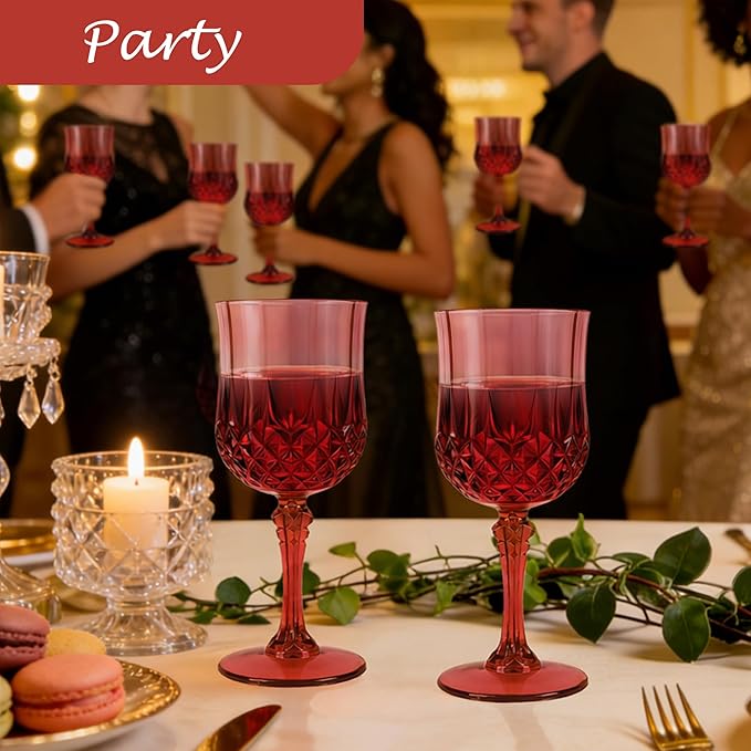 Plastic Wine Glasses, Plastic Goblets Vintage Style Cordial Drinking Glasses for Valentineās Day, Wedding Reception, Grand Event Party Supplies (12, Scarlet Rose)