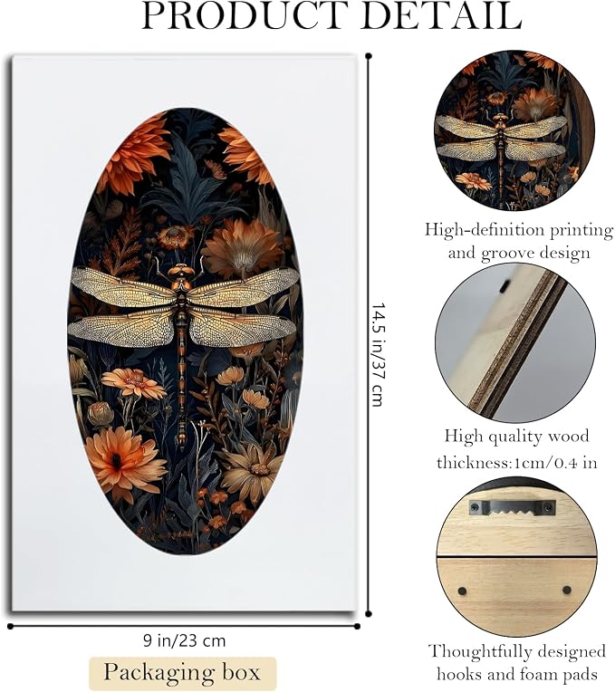 UYIKG Vintage Dragonfly Wall Art Decor,William Morris Dragonfly Floral Oval Wall Decor, Cottagecore Wooden Framed Wall Decorations for Theme Room Home Bedroom Living Room 9x14.6 in