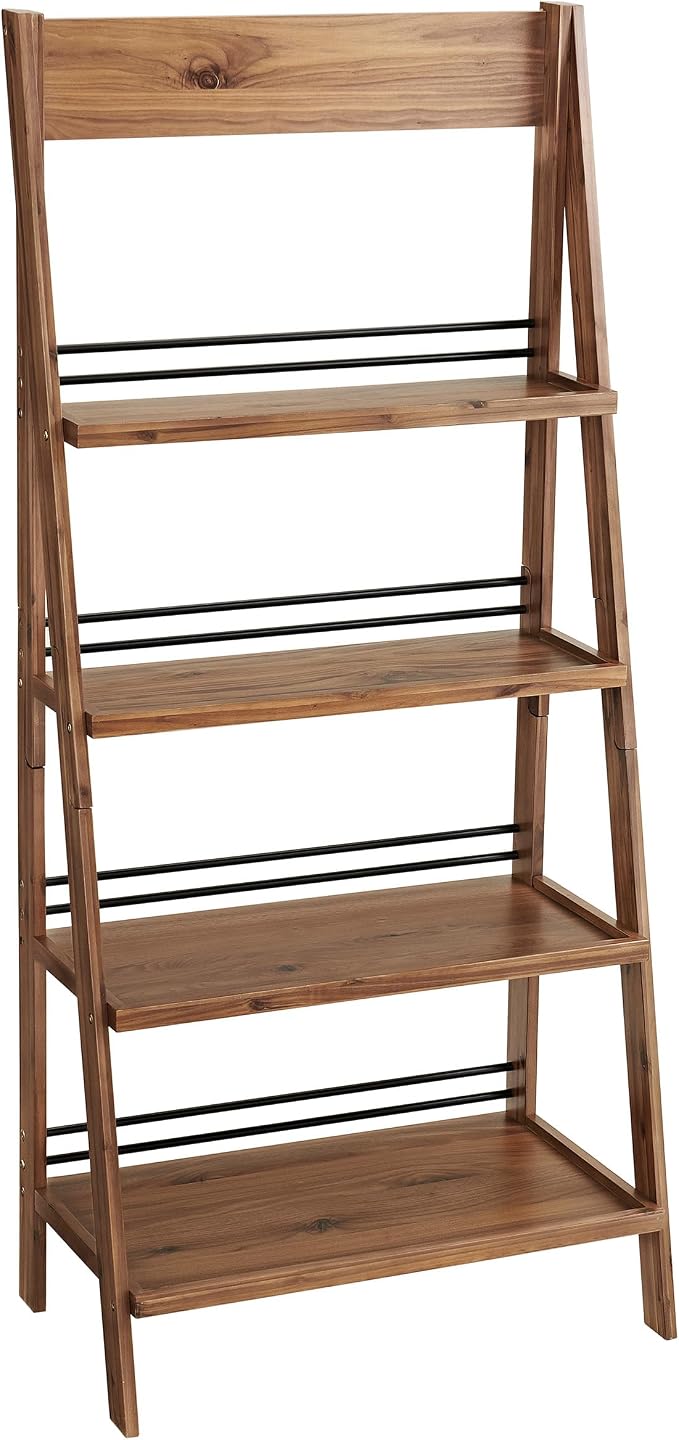 Alaterre Furniture Ladder Bookshelf - Freestanding 4-Tier Bookcase with X-Back Frame - Shelves for Living Room, Kitchen, Bedroom, and Office (Walnut)