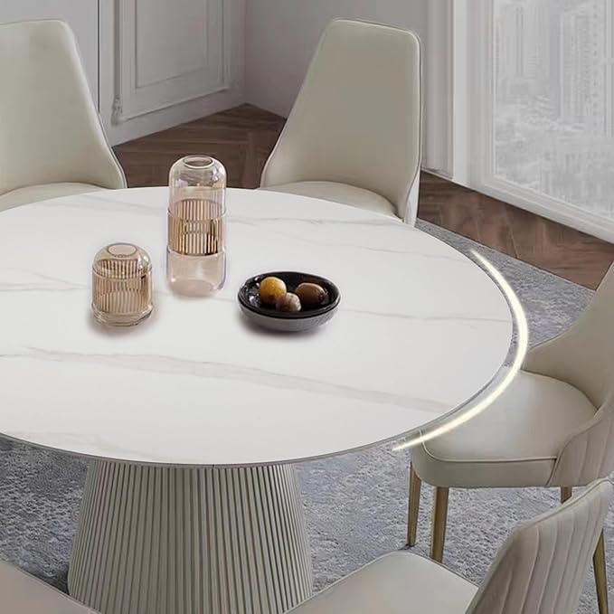 53'' Marble Round Dining Table, White Sintered Stone Tabletop and Cylindrical Base, Modern Dining Room Table for 4-6