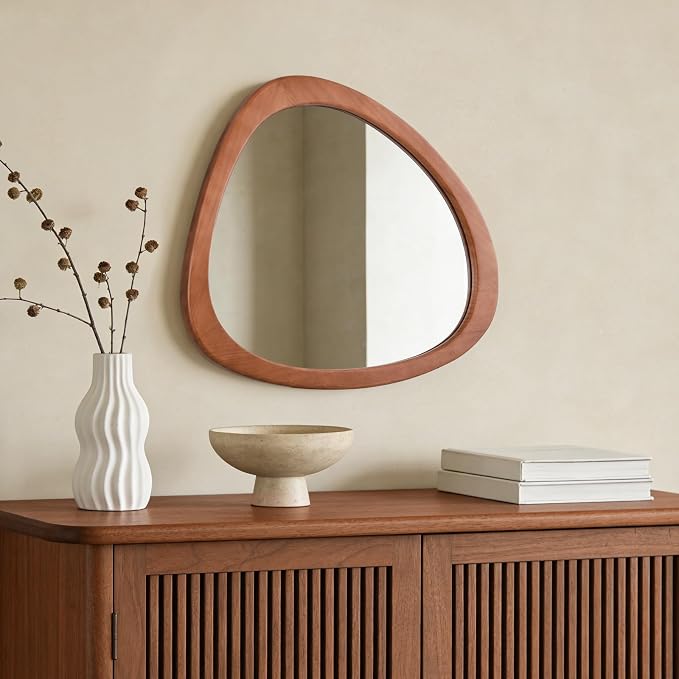 WallBeyond Asymmetrical Mirror, Irregular Wall Mirror for Bathroom, Bedroom, Living Room, Entryway, Hall - Walnut Wood Framed 23" H x 19" W
