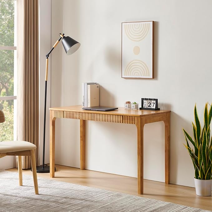 Solid Wood Desk with Drawers, Light Wood Desk for Small Spaces, Small Writing Desk for Bedroom, Gaming Study Home Office Wooden Desks for Work, 47 inch Wood Computer Desk