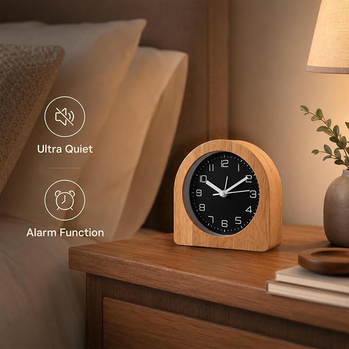 Analog Alarm Clock 5" Silent Non-Ticking Small Solid Wood Desk Clocks Battery Operated Simple Style Retro Table Clock for Office/Bedroom/Kitchen/School/Bedside/Shelf (Light Wood, Arch)