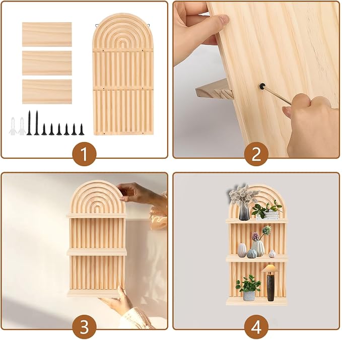 Qivine Boho Wall Shelf 2 Pcs 3 Tier Shelves for Room Wall Wood Floating Shelf with Arched Wood Design Walls Mounted for Living Room, Bedroom, Bathroom Decor (Primary, 3-Tier)