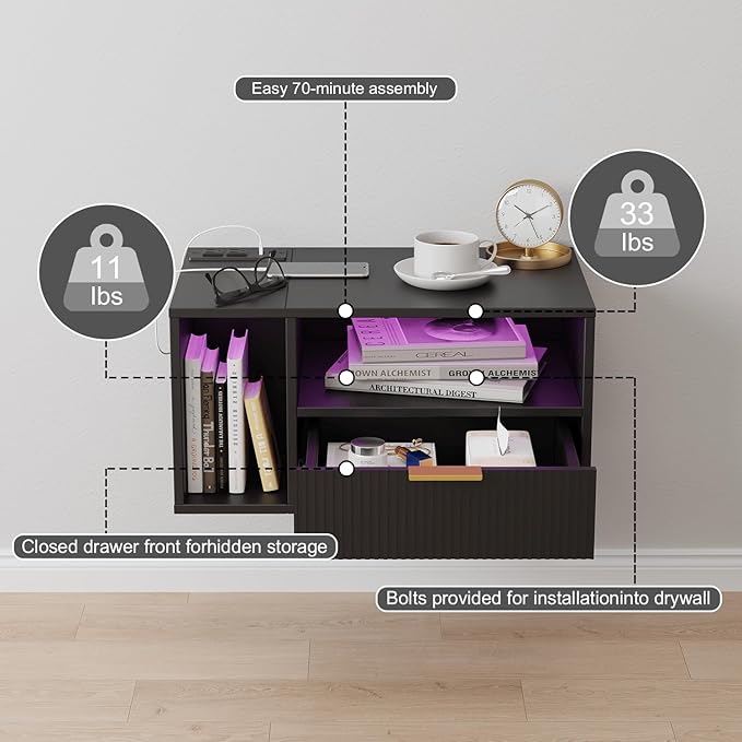 Black Floating Nightstand with Charging Station and LED Lights,Black