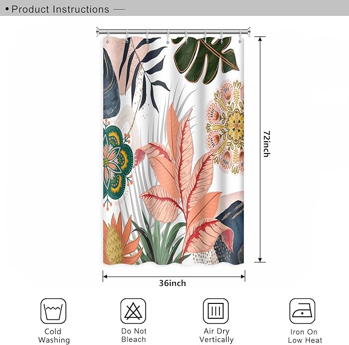 Abstract Mid Century Bathroom Curtain Colorful Boho Tropical Leaves Shower Curtain with Hooks Polyester Waterproof Fabric Home Bathtub Decorative, 36x72 Inch