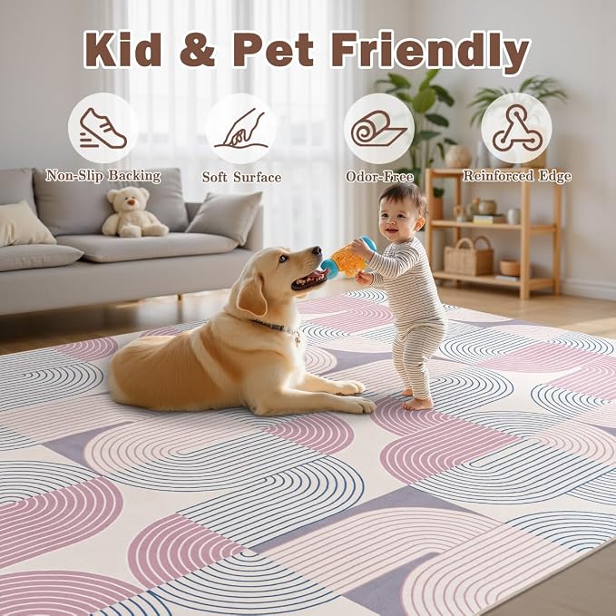 Living Room Rugs 4x6, Washable Modern Geometric Mid Century Rug for Bedroom, Soft Non-Slip Indoor Floor Boho Abstract Carpet for Dining Room Nursery Home, Pink/Purple