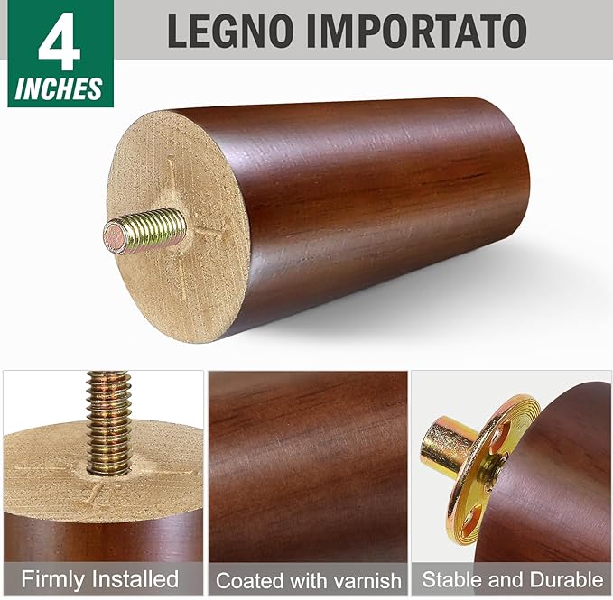 FoDau770 Brown Rubber Wood Furniture Legs 4 Inches, Straight Tapered Wood Feet Mid Century Sofa Legs Set of 4, 5/16" UNC Furniture Feet for Cabinet Couch Dresser Chair Ottoman Table