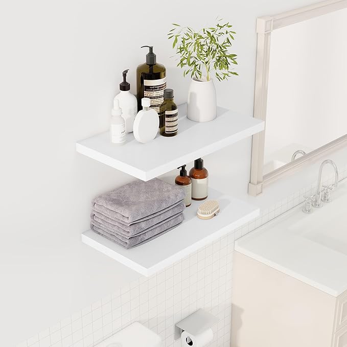 Dreamland 24" Floating Shelves for Wall, 12" Deep Slim White Floating Shelves, Wall-Mounted Shelves for Bedroom, Living Room, Kitchen, Bathroom - Set of 2