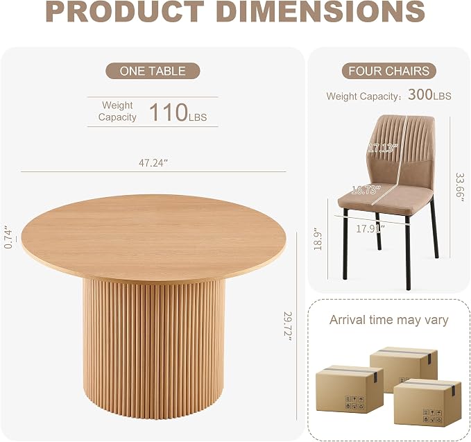 Dining Table Set for 4, 47" Wooden Round Kitchen Table with PU Leather Chairs for Kitchen Room and Small Spaces(Oak Table + 4 Beige Chairs)