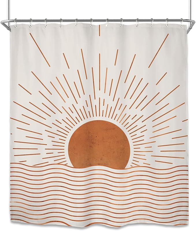 Miyotaa Abstract Minimalist Sunrise Shower Curtain Set 60Wx71H Inches Modern Aesthetic Mid Century Retro Sun Sunset Waterproof Bathroom Curtain with 12 Hooks
