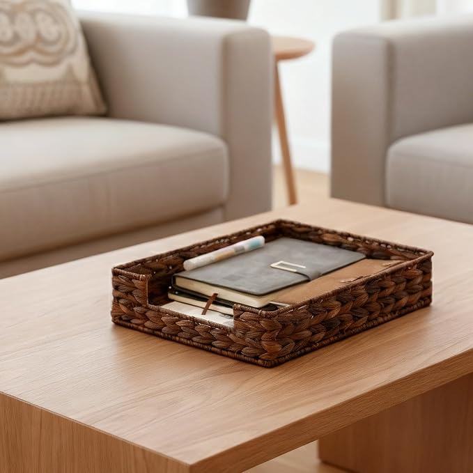 Set of 2 Water Hyacinth Letter Tray for A4 File Desk Mail Letter-Size Paper, Basket Woven Organizer, Magazine Files Storage, Office Document Organizer and Storage, Coffee