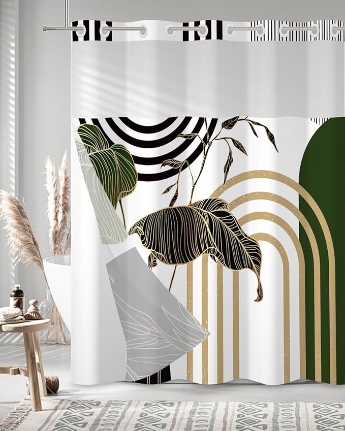 No Hook Shower Curtain with Snap in Liner Set, Abstract Tropical Botanical Print Shower Curtains for Boho Mid Century Modern Bathroom, Waterproof Bath Curtain with Mesh Top, 71x74 Inch