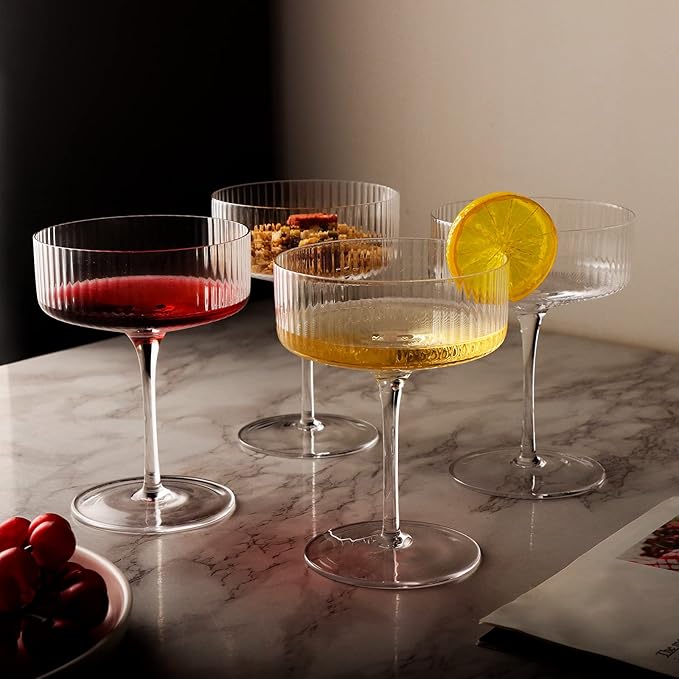 6 Pcs Ribbed Coupe Cocktail Glasses, 10 oz Classic Old Styling Martini Glass Set with Gift Box Packaging Elegant Hand Blown Manhattan Goblet for Cocktail, Champagne, Bar and Gift (6)