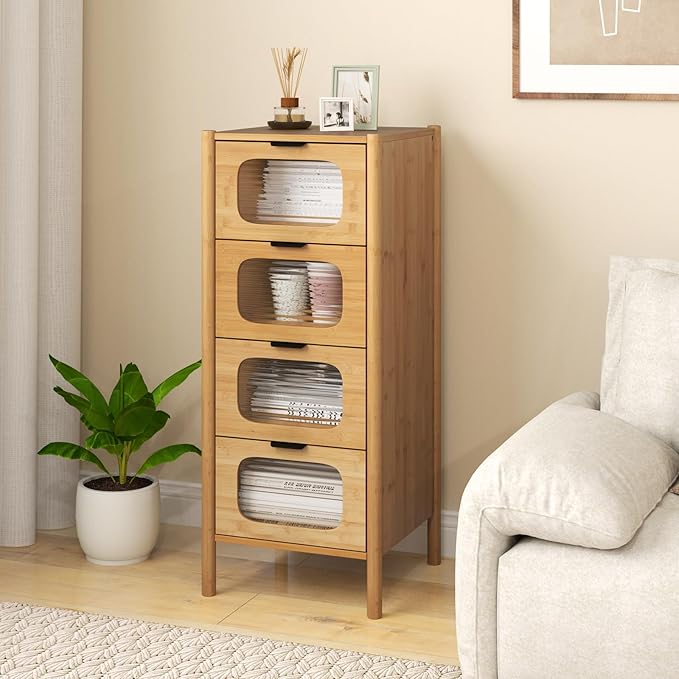 Giantex 4 Drawer Storage Cabinet, Bamboo Storage Organizer with Fluted Tempered Glass Drawers, Mid Century Modern Floor Cabinet for Living Room, Bathroom, Study, Entryway, Natural