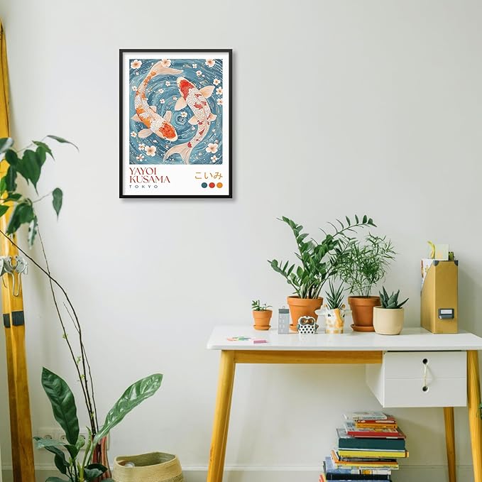 Light Blue Koi Fish Wall Art Japanese Yayoi Kusama Canvas Poster 16X24 inch Black Framed Modern Vintage Animal Aesthetic Paintings for Living Room Bedroom Dorm Wall Decor