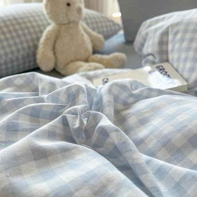 mixinni Light Blue Gingham Duvet Cover Set King Size - 100% Washed Cotton 3 Piece Plaid Checkered Bedding Set, Soft Comfy Grid Farmhouse Comforter Cover with Zipper Closure & Corner Ties