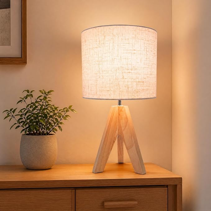 Tripod Table Lamp Linen: Small Bedside Lamp with Natural Rubber Wood Base, Wooden Nightstand Lamp for Bedroom Living Room Nursery Office, Mid Century Modern Desk Lamp, E26 Socket
