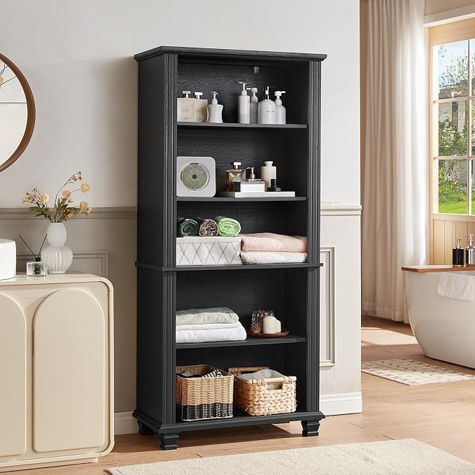 SAVOR LIFE 70" Tall Black Bookshelf,5 Tier Wooden Book Shelf with Adjustable Shelves & Wood Legs,Free Standing Farmhouse Bookcase with Open Display Storage,Vintage Bookshelves for Living Room,Office