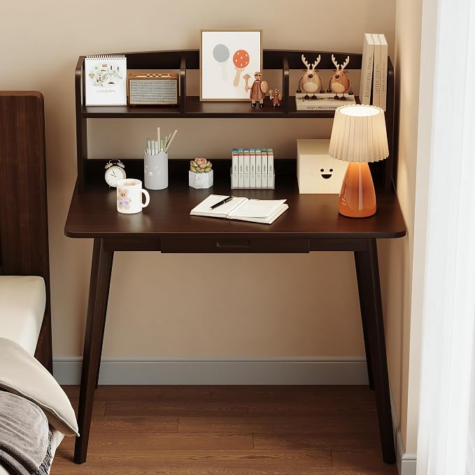 IOTXY Small Writing Desk with Hutch - 39.4" Work Computer Study Table with Drawer for Home and Office, Black Walnut