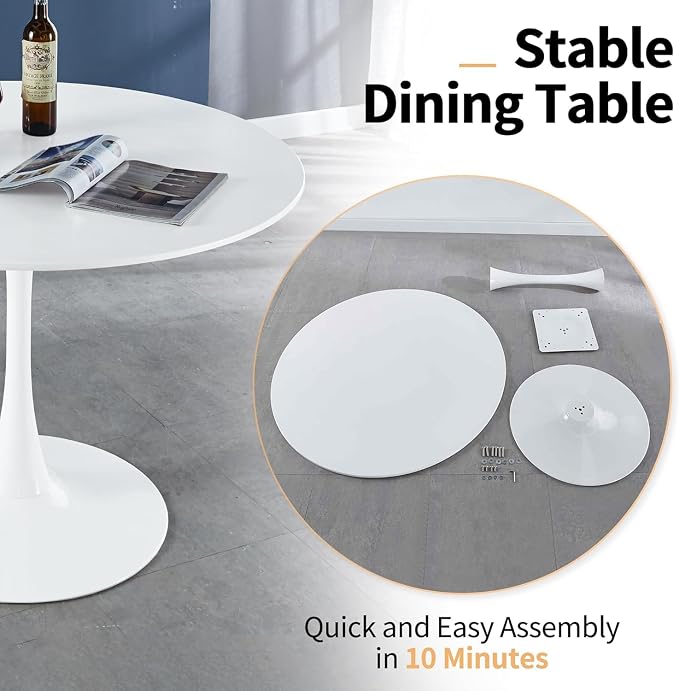 42 Inch Modern Round White Dining Table for 4-6 Person,Mid-Century White Tulip Table Kitchen Dining Table with MDF Table Top and Pedestal Base for Home Kitchen